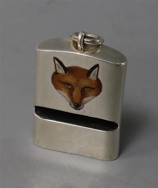 An early 20th century silver whistle enamelled with the head of a fox, Sampson Mordan & Co, Chester, 1911?, 40mm.